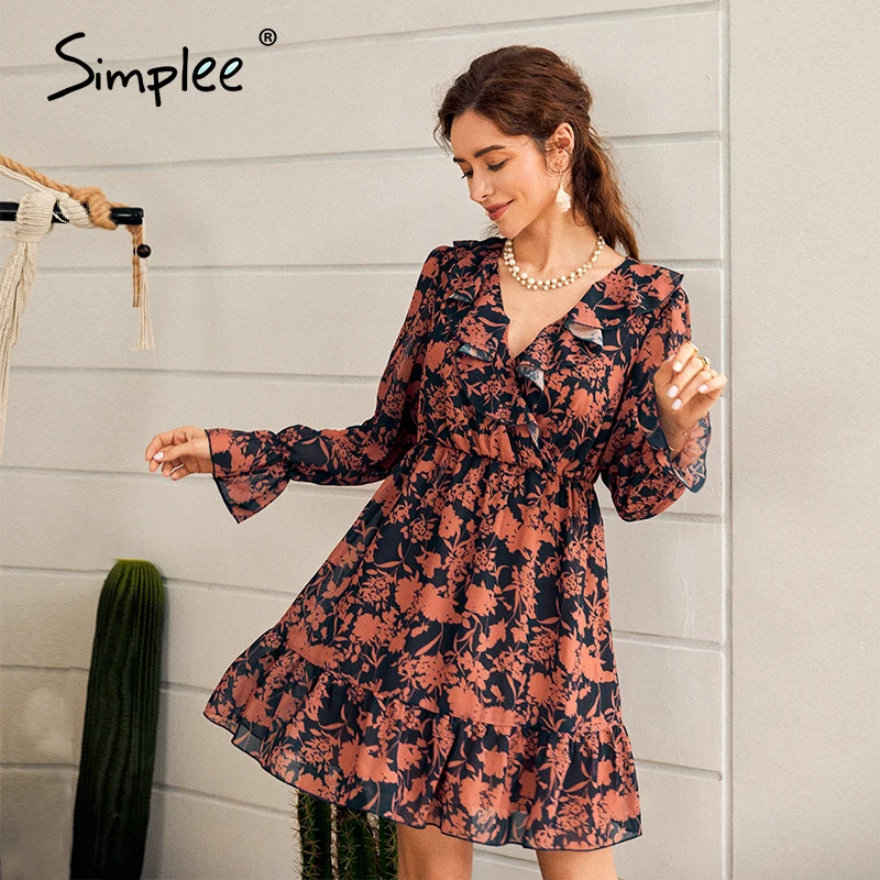 Simplee Women Sexy V-neck long Sleeve midi Dresses Summer holiday Chiffon Ruched Floral Print solid lace dress Vestidos 2020 Simplee Women Sexy V-neck long Sleeve midi Dresses Summer holiday Chiffon Ruched Floral Print solid lace dress Vestidos 2020