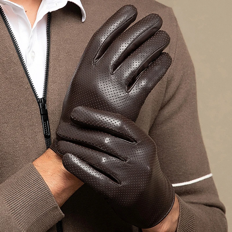 Men\'s Thin Genuine Leather Fit Gloves Male Breathable Soft Fashion Classic Goatskin Autumn Unlined touch screen Driving Gloves