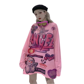 

Women's T-shirts 2019 Summer Harajuku Street Graffiti Printing Loose Long-sleeved Bf Shirt Hip-hop Casual Autumn Bottoming Shirt