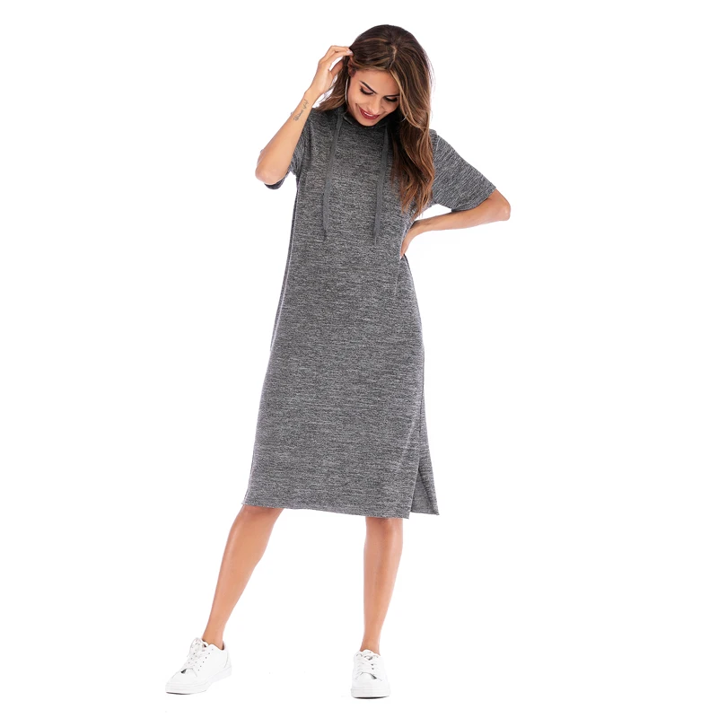 

Summer 2020 solid color round neck knit dress summer hooded short sleeve temperament loose fashion