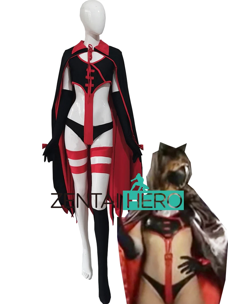 

New Arrival Sexy Villain Heroine Lady Black/Red Lycra Spandex Girl Scarlet Fox Costume Zentai Leotard Gigalady with Cape