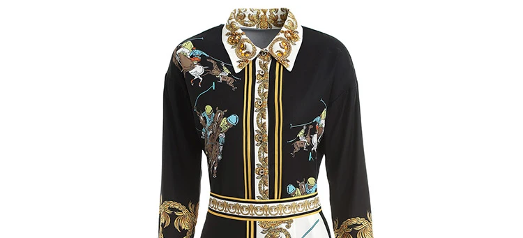 10.5 High quality Autumn New diamonds beading Turn-down collar long sleeve blouses Package Hip asymmetrical skirt print suit
