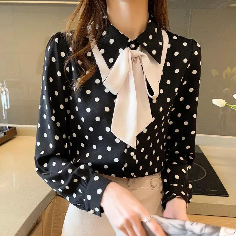 Women's Elegant Fashion Polka Dot Bow Chiffon Shirts Office Lady All-match Blouses Commuter Loose Chic Casual Blouse Female 3XL