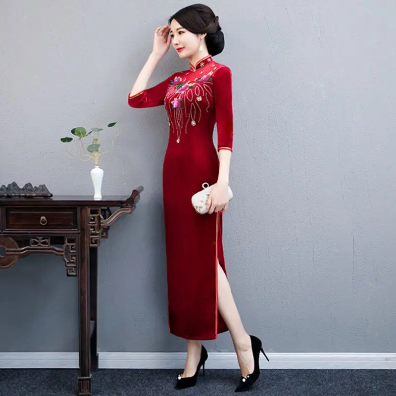 Китайское стильное длинное Чонсам ручной работы из бисера Cheongsam элегантное велюровое платье cheongsam церемониальное Ципао ретро платье