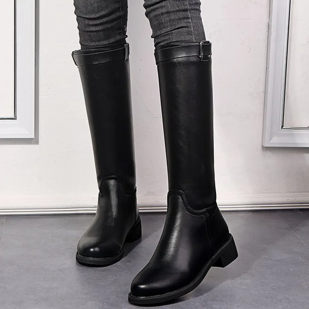 

women leather boots motorcycle shoes women 2019 Women's Side Zip Knee Bare Boots Buckle Square Heel Casual Long Tube Booties#g3