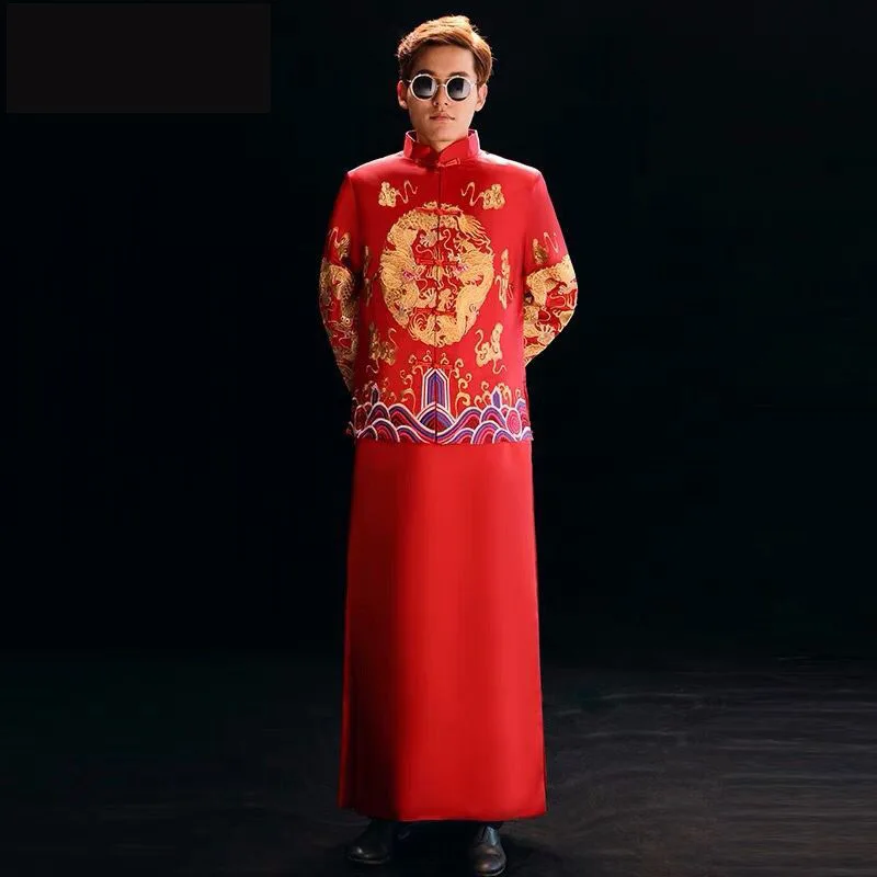 Восточный стиль красный ретро длинный Cheongsam современный для мужчин Qi Pao китайское традиционное свадебное платье Qipao продвижение халат костюм - Цвет: groom