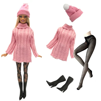 

NK 4 Items/Set Doll Dress Fashion Model Coat Outfit Daily Sweater Hat+Shoe+Stocking For Barbie Doll Accessories Baby Toys 04A DZ