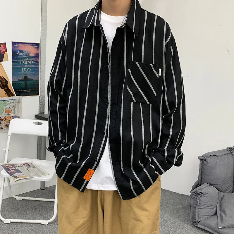 

Harajuku Striped Shirts Men's Streetwear Spring 2021 Autumn Winter Casual Men Oversized Korean Striped Long-sleeved Shirts