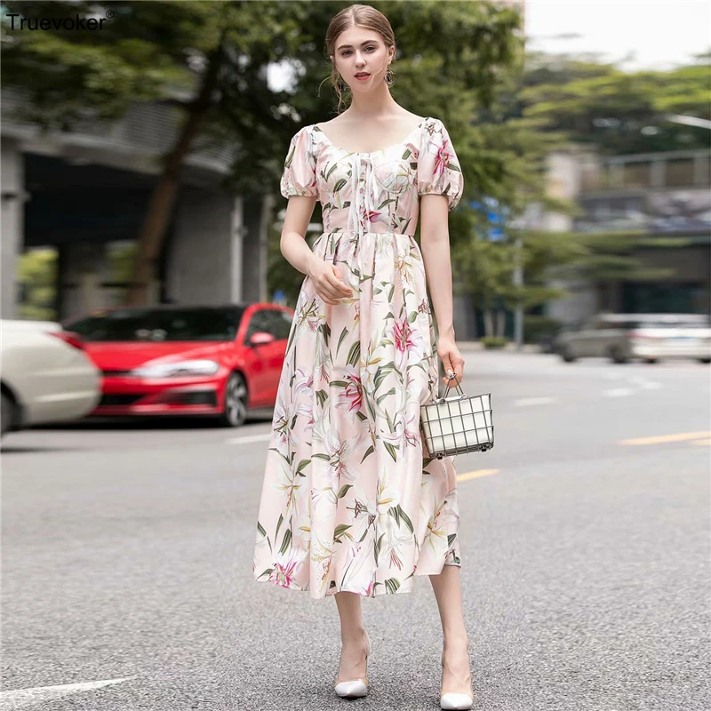 

Truevoker Designer Summer Holiday Dresses Women's High End Short Sleeves Cute Lily Flower Printed Midi Vocation Vestidoes