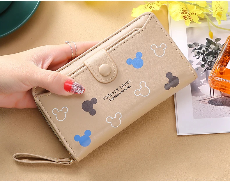 Lovely Mickey Cartoon PU Leather Lady Long Hand Holding Large-Capacity Card Holder Women`s Wallet Girl Fashion Mobile Phone Bag