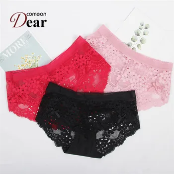 

Comeondear Bragas Transparentes Mujer Lace Floral 3XL Panties Underwear Women Sexy Mid Waist Calcinhas Sexy Feminina PB5177