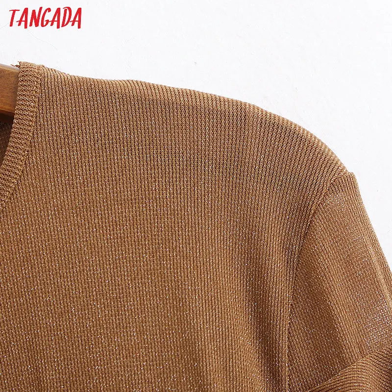 Tangada женская элегантная Золотая пряжа гофрированный укороченный Топ с длинным рукавом Короткая Блузка женские милые повседневные топы blusas 6Z01