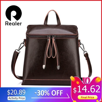 

REALER brand women backpack vintage oil wax cow split leather backpack female school bags for teenagers girls 2020 shoulder bag