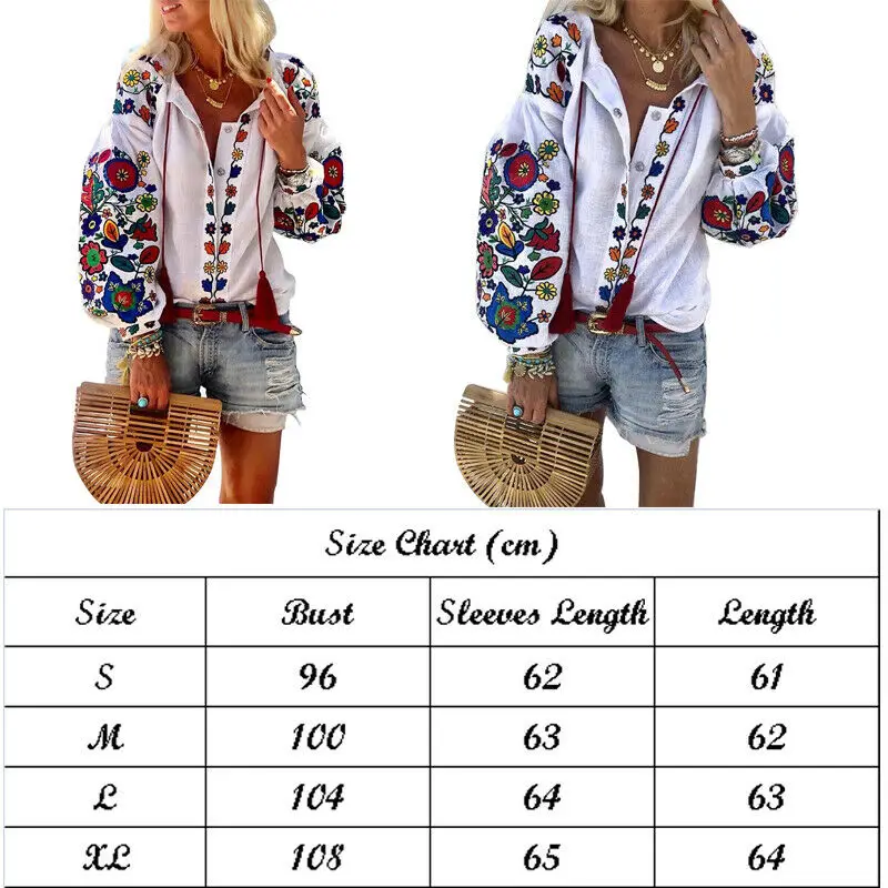 New Women White Floral Ethnic style Embroidered Blouse And Tops Long Sleeve Turn Down Collar Elegant Shirt blusas mujer de moda