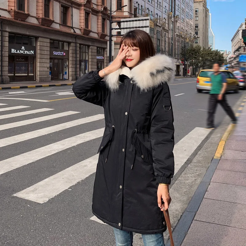 

Mid-length Hooded down Jacket Cotton-padded Clothes Female Winter New Style Korean-style Ultra Large Fur Collar Thick Loose-Fit