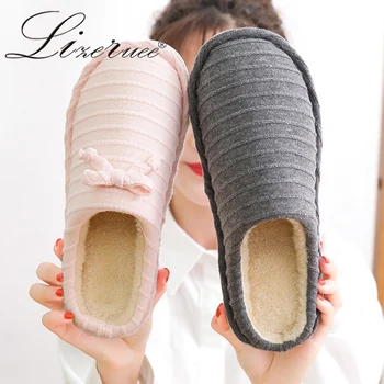 

Hot Sale Winter Slippers For Woman Slip on Flats Cute Bowtie Home Plush Slippers Lovers Indoor Warm Slippers For Men and Women