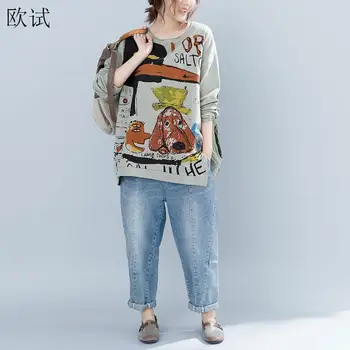 

Plus Size Cartoon Tee Cat Print Kawaii Tshirt Woman Long Sleeve T Shirt Top Graphic Tees Women Streetwear T-Shirt Femme 2020