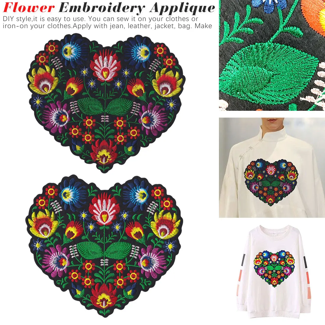 

Embroidery Applique Patches Clothing Iron On Patch Lychee Heart Shape Flower DIY Clothes Jackets Sewing Craft