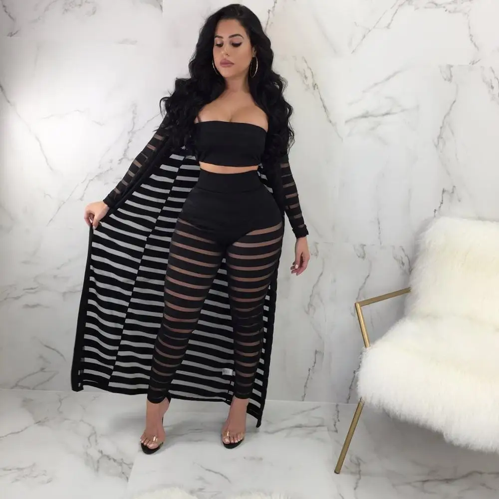 Adogirl Solid Sheer Mesh Stripe Women Casual 3 Piece Set Strapless Tube Top Pencil Pants Full Sleeve Extra Long Cardigan Suits - Цвет: black 3 piece set