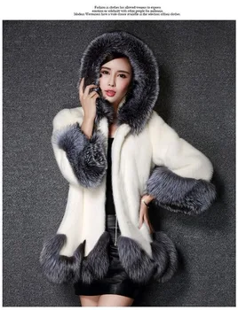 

European American Model Imitation Fur Coat Female Medium Length Model with Cap Imitation Mink Fur Coat Female Jacketm Fur Coat