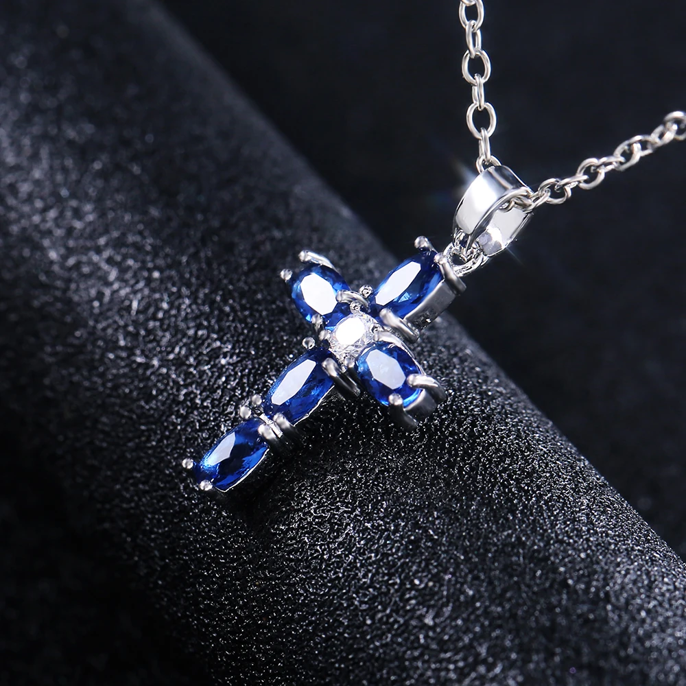Huitan Fashion Oval Blue Stone Cross Pendent Delicate Women Necklace Daily Wear Anniversary Christmas Gift High Quality Jewelry