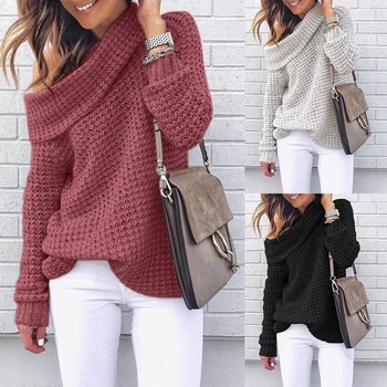 

Soft Women Pullover Sweater Knitted Sweater 5 Colors Warm Comfortable Off Shoulder Sweater Long Sleeve 1PC Elastic