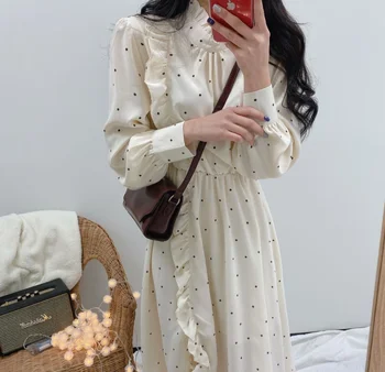 

Women Party Polka-dot Dress Vintage Long Sleeve Ruffle Trim Stand Collar High Waist A-line Loose Sukienki Casual Ladies Party