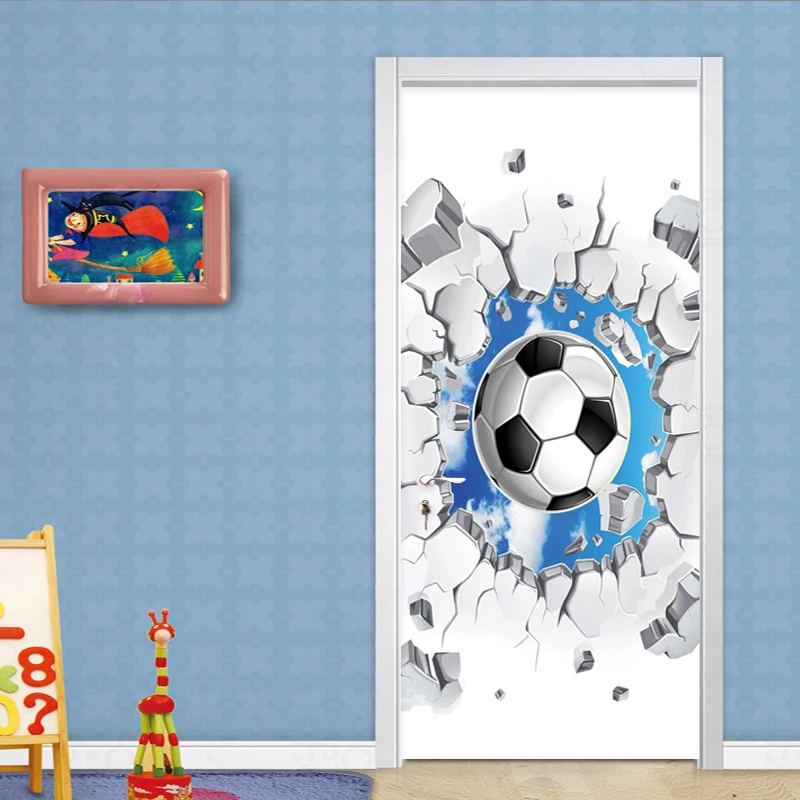 PVC Self-Adhesive Waterproof Door Sticker 3D Football Blue Sky Mural Wallpaper Children's Bedroom Home Decor Wall Sticker Poster exams football waterproof pvc elastic soccer ball for kids students official size 3 5 ideal for exams training for kids