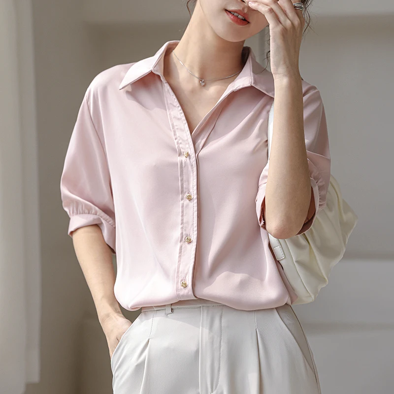 QOERLIN Buttons Shirts Summer Short Sleeve White Work Wear Korean Fashion Pink Tops Shirts Office Ladies Blusa Mujer Turn-Down