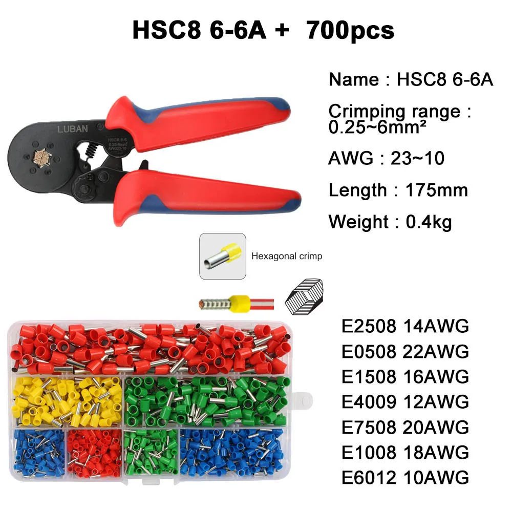 Обжимные инструменты плоскогубцы электрические трубчатые Клеммы Коробка мини зажим HSC8 10SA 0,25-10mm2 23-7AWG 6-4B/6-6 16-4 Наборы инструментов - Цвет: 6-6A 700pcs