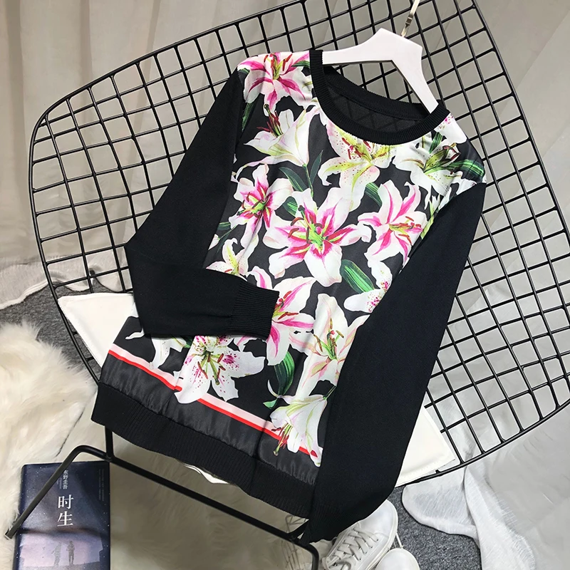 

Lily Flower Sweaters Women Autumn Patchwork Print Lily Sweater Lady Soft Thin Knitted Pullovers Flower Print Knitted Tops