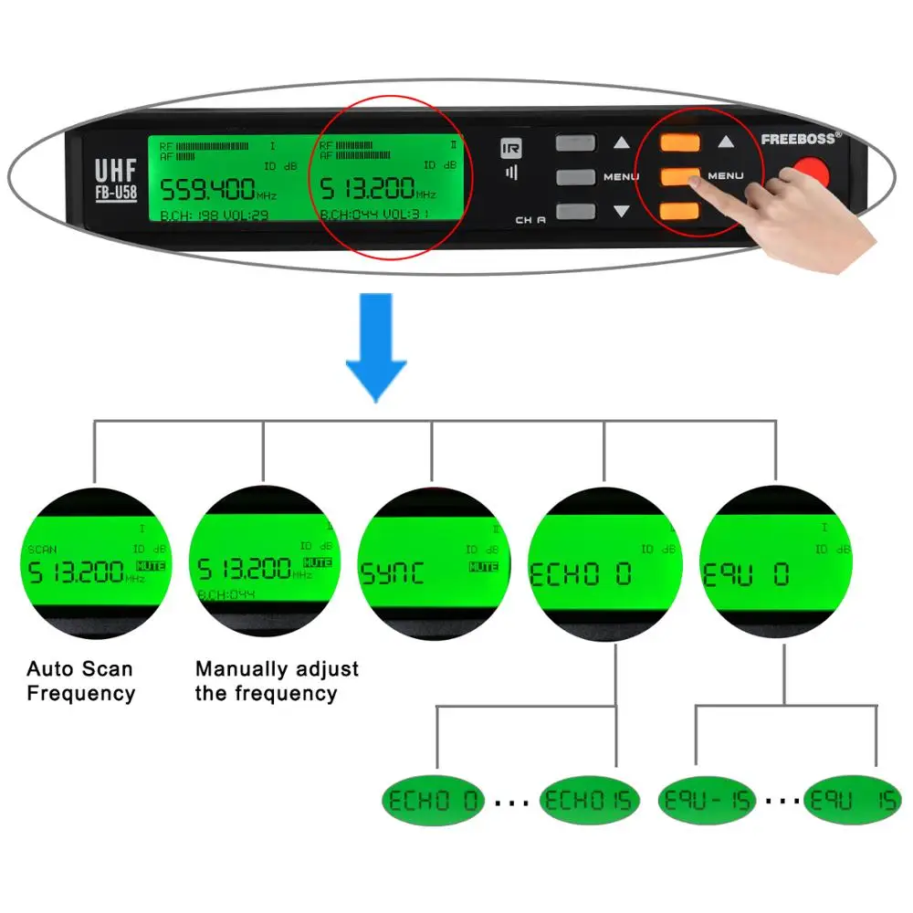 Freeboss FB U58 UHF 2*200 Регулируемая частота металлический Ручной ЖК экран Smart Option ECHO и EQ