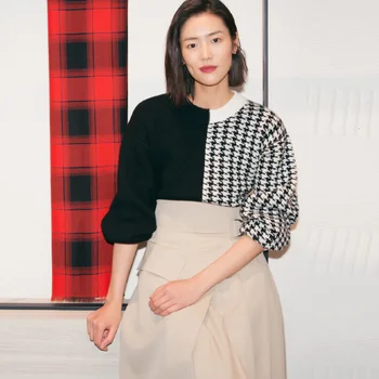 

2019 Autumn Winter Women Houndstooth Plaid Patchwork Black Pullover Irregular Sweater Brand Designer Loose Crop Top Jumper B026