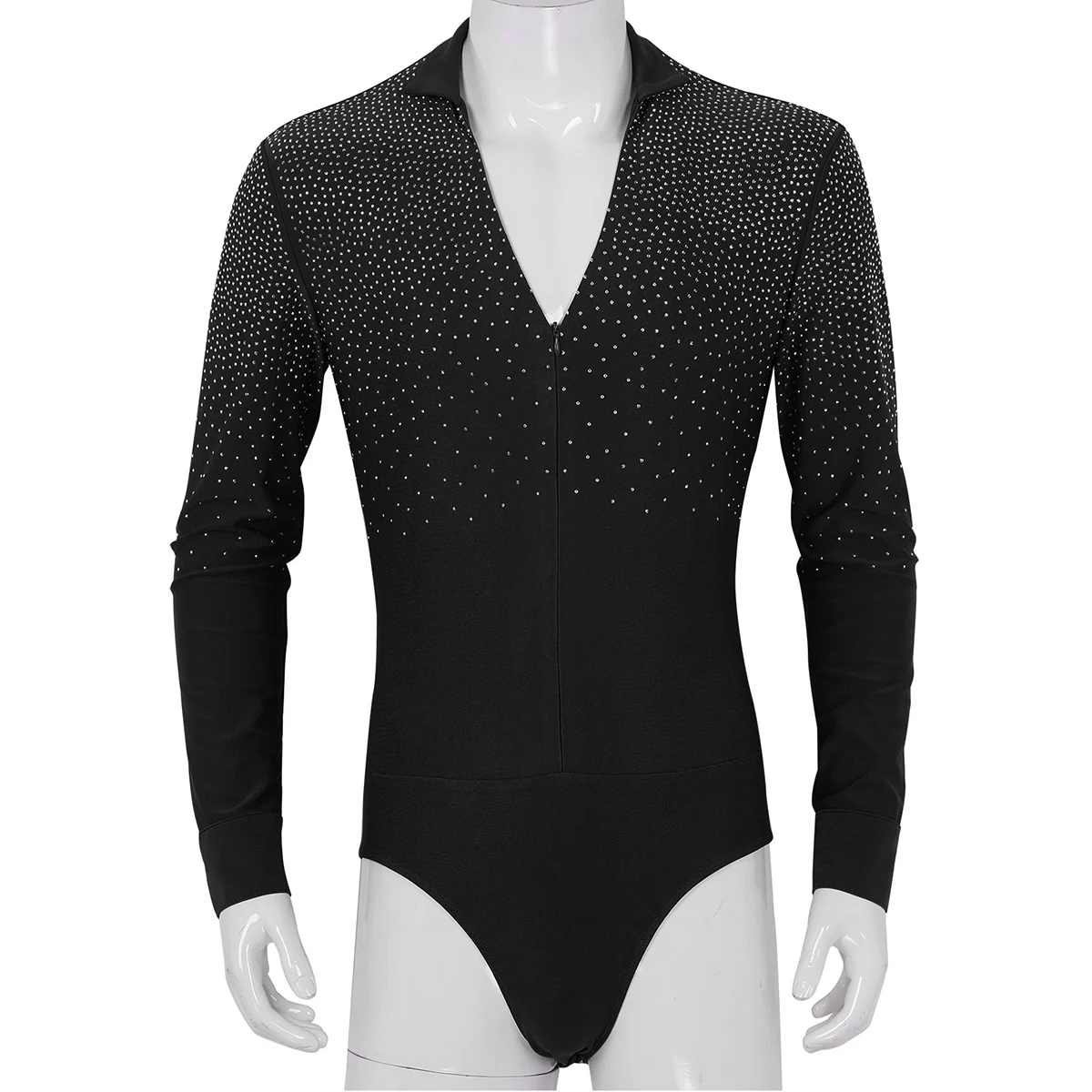 TiaoBug Shiny Rhinestones V-neck Stand Collar Long Sleeve Ballroom Tango Rumba Men Latin Dance Shirt Leotard Bodysuit Dancewear