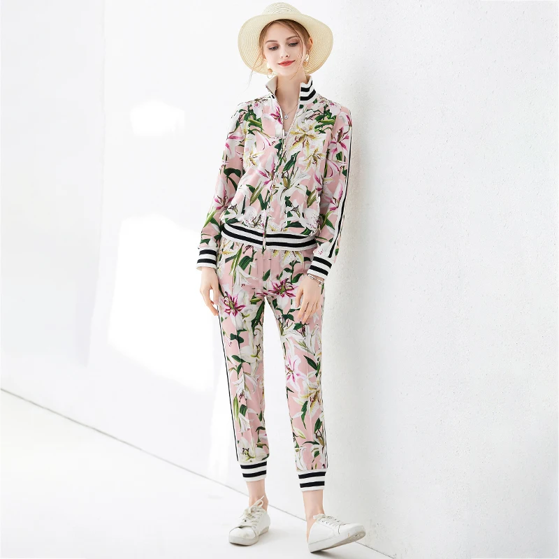 

SEQINYY Causal Set 2020 Spring Autumn New Fashion Striped Long Sleeve Jacket + Elastic Slim Pants Romantic Lily Flowers Suit
