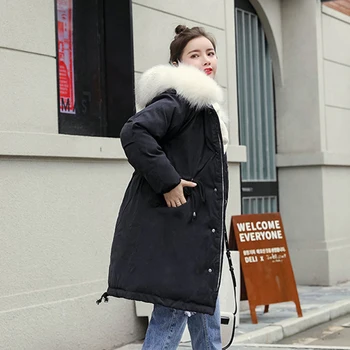 

Plus Size Winter Women Long Jacket Hooded Female Parka Korean Style Plus Size Solid Fur Collar Slim Coat Femme Kobieta Kurtka