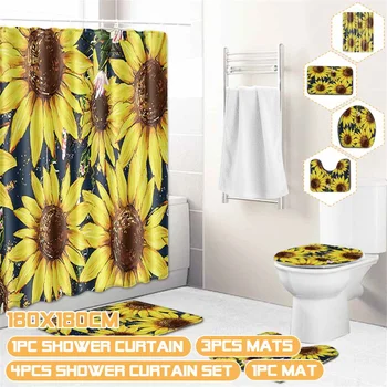 

Sunflower Printed Shower Curtain Carpet 4Pcs/Set Home Bathroom Toilet Waterproof Mats Shower Partition Curtain Decoration