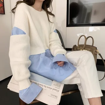 

2020 New Spring Women Sweater Long Sleeve Patchwork Elegant Knitted O-Neck Sweaters Loose Female Pullovers Casual Button