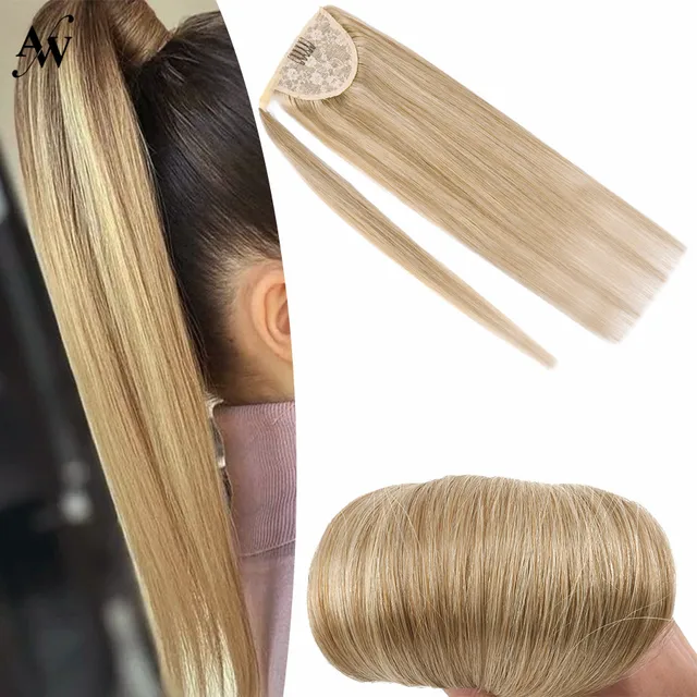 AW 12''-24'' Ponytail Human Hair Wrap Around Machine Remy Hair Extensions Brazilian Hair Extensions Clip Ins Blonde Brown Color P16-22
