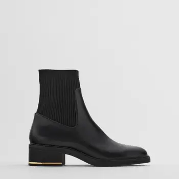 

2020 women's boot low-cut woman's solid-color Martin boot black knit stretch socks boot mid-heel fashion boot