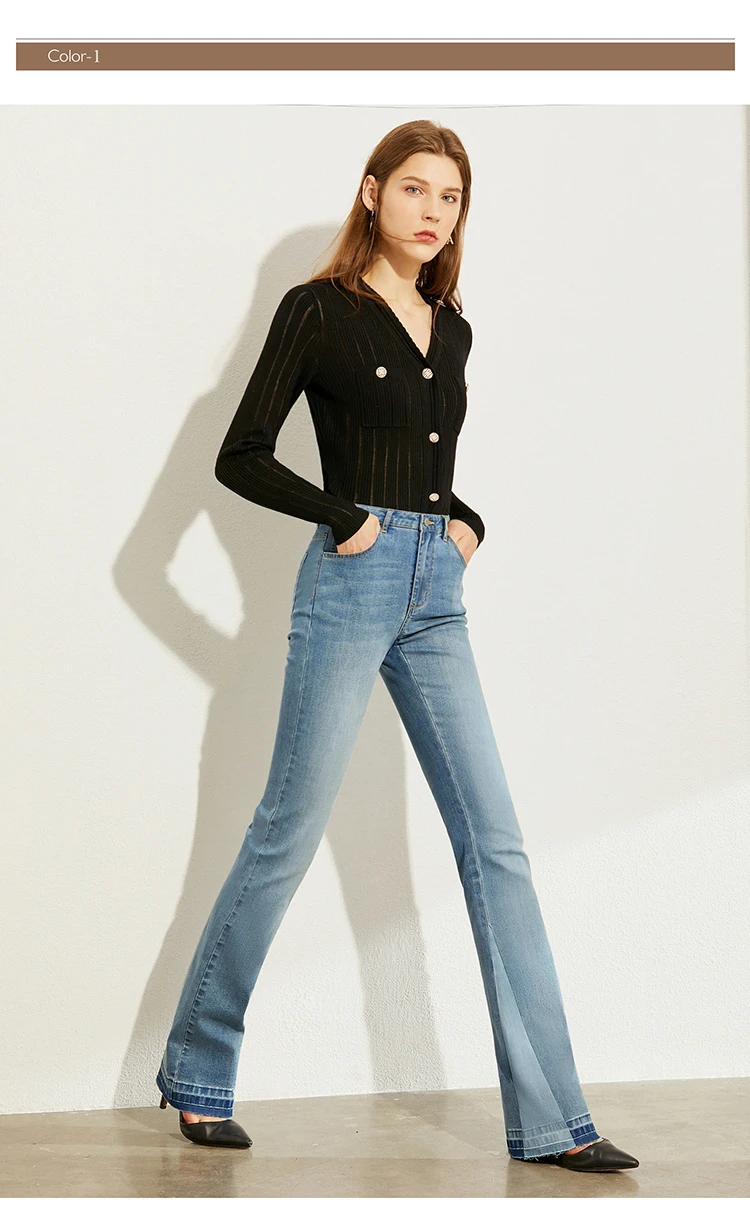 AMII Minimalism Summer Autumn Fashion Spliced Flare Women jeans Causal Cotton High Waist Ankel-length Female Jeans 12030139