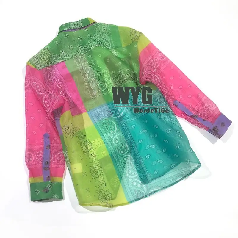 High Quality Placing Print Organza Blouses and Shorts Set Women 2020 Summer Multi Color Casual Green Rose Yellow Shirts Suit