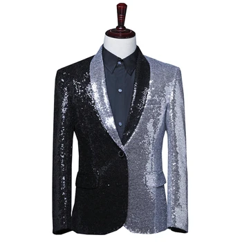 

Two Color Sequin Men Suit Jacket Asymmetrical Slim Half Silver Blazer Wedding Groom Suit Festival Prom Evening Dress Coat Tops