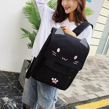 

Cute Cat Canvas Backpack Cartoon Embroidery Backpacks For Teenage Girls School Bag Fashion Black Printing Rucksack Mochilas #T2G