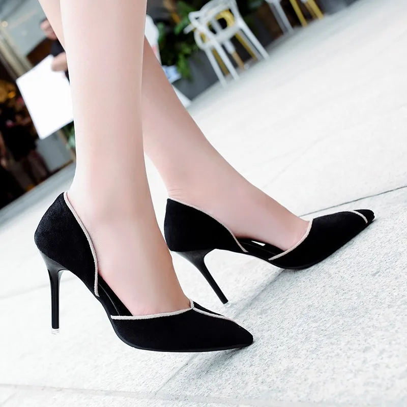 

2019 Thin Heeled Pointed-Toe Suede Shallow Mouth Single Shoes Women's Hallow Korean-style High Heel Shoes Fashion Four Seasons W