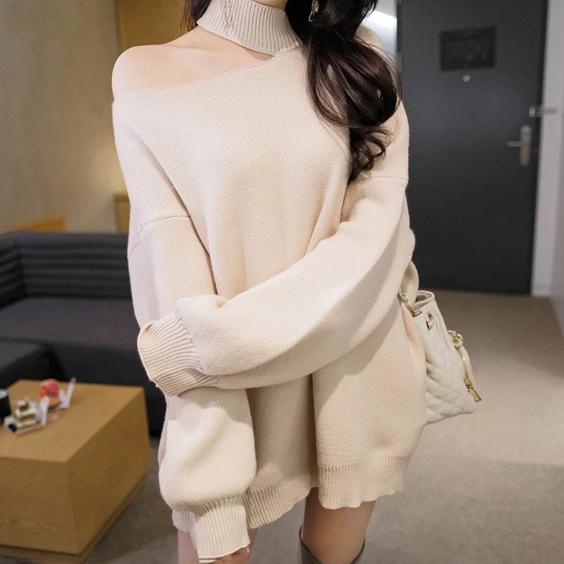 Oversized Knitted Sweater Women Halter Turtleneck Knitt Winter Jumper Korean Pullover Cold Shoulder Clothes Loose Outerwear V966