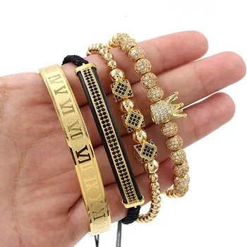 

Hot Sale Classical Handmade Braiding Bracelet Gold Hip Hop Men Pave CZ Zircon Crown Roman Numeral Bracelet Luxury Jewelry