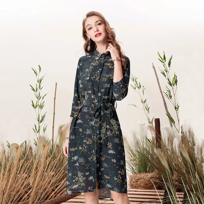 Gedrukt real zijden jurken vrouwen natuurlijke zijde 2019 hoge kwaliteit meisjes donkergroen bloemen werk boho jurk elegante plus size Gedrukt real zijden jurken vrouwen natuurlijke zijde 2019 hoge kwaliteit meisjes donkergroen bloemen werk boho jurk elegante plus size