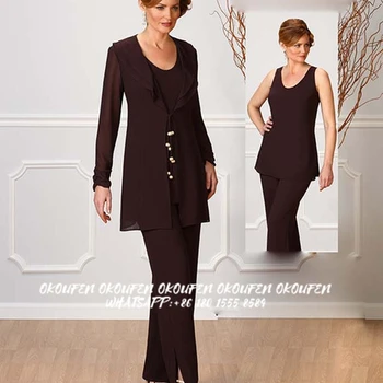 신부 드레스 재킷 바지 정장, 스쿱 칼라 쉬폰 다크 브라운, 레트로 여성 웨딩 하객 가운, 3 피스 세트