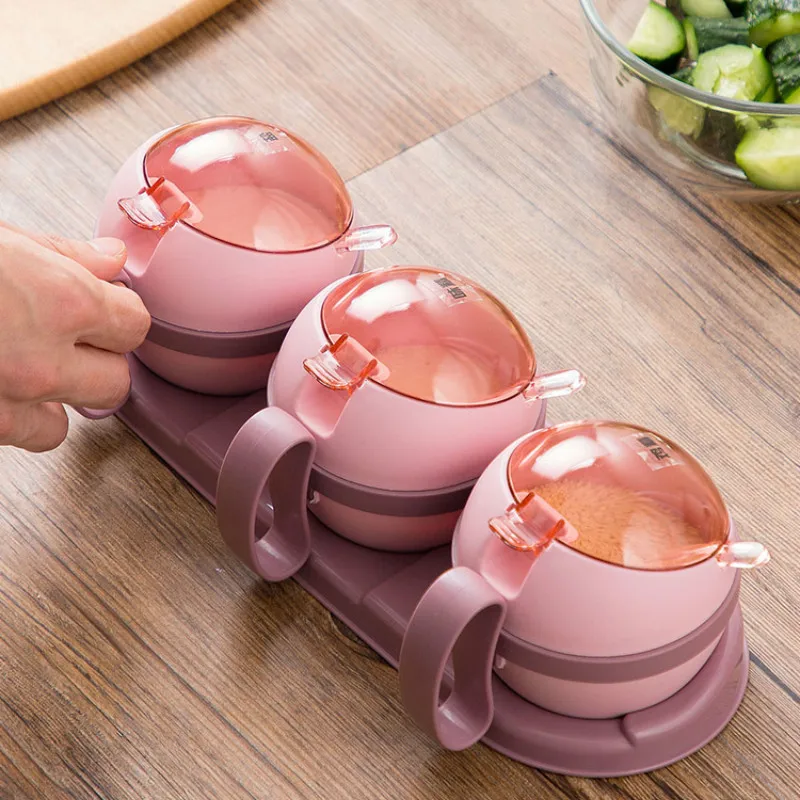 

Plastic Condiment Box with Cover for Household Use Three-piece Kitchen Salt Tank Seasoning Box Spice Container